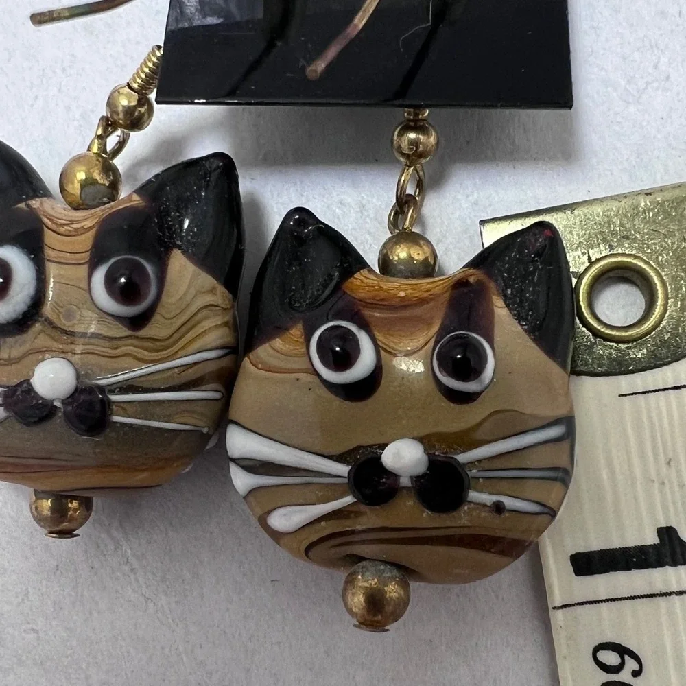 Artisan Lampwork Glass Siamese‎ Cat Earrings Brown Tan Swirl Whimsical Novelty